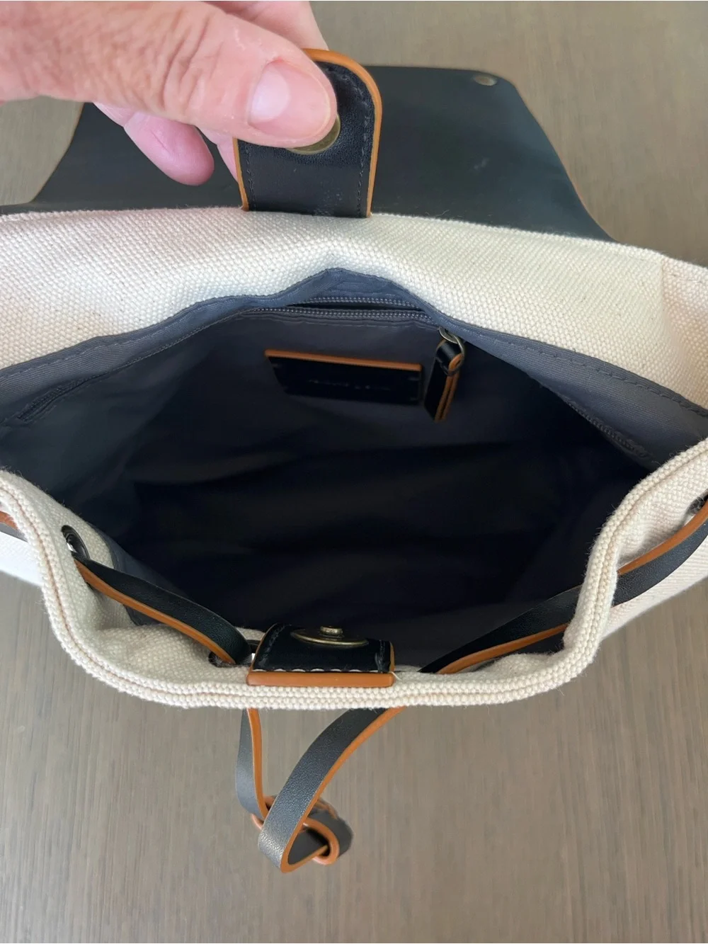 Treasure & Bond Canvas Backpack with Black Leather Flap and Tan Trim